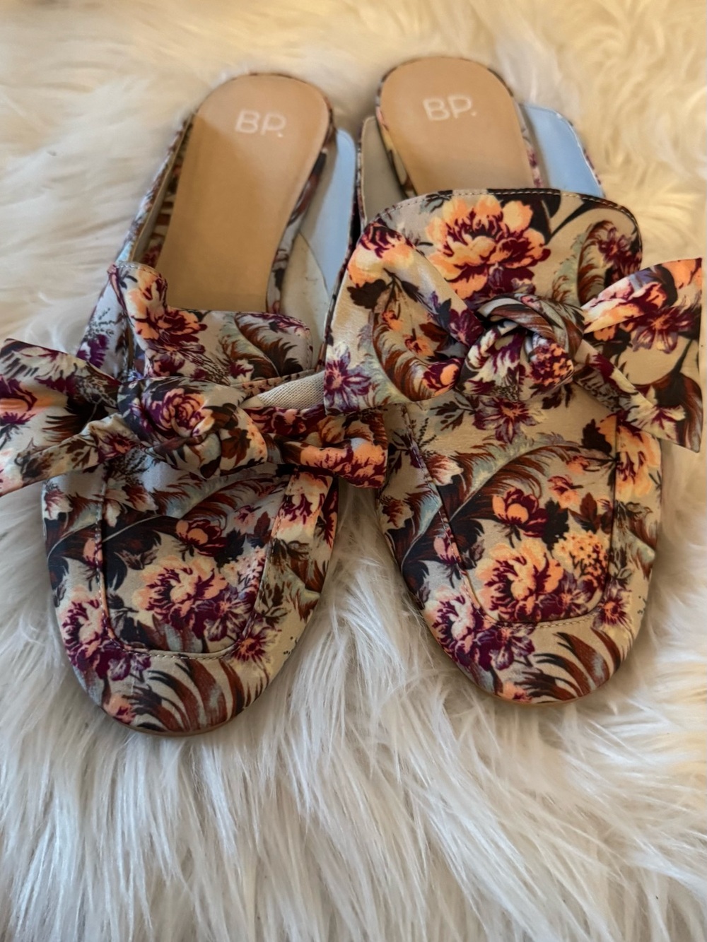 BP Bow Slip-On Mules in Floral Design